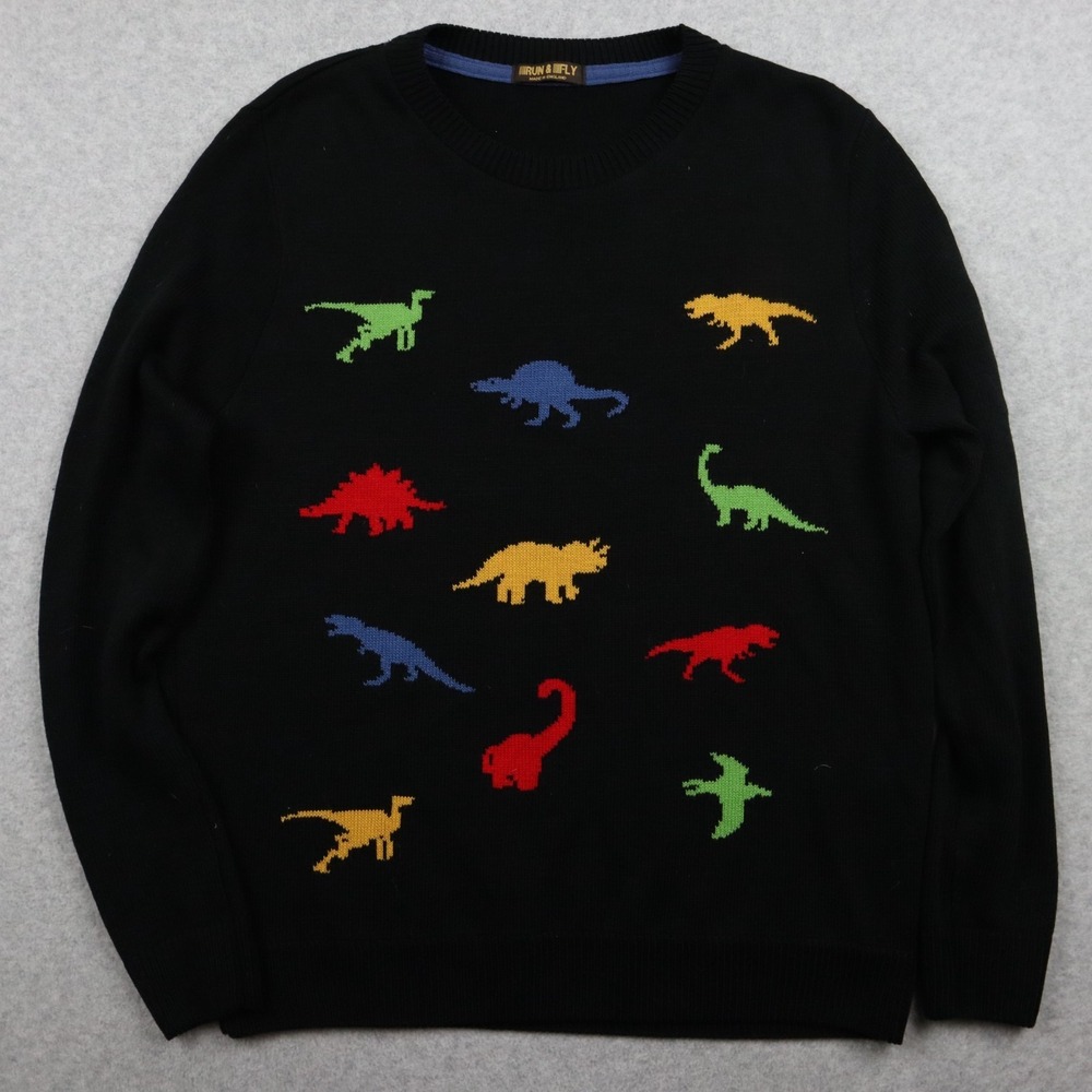 Run & Fly Sweater Women XL Rainbow Dinosaur Pullover Crew Neck Black Long Sleeve